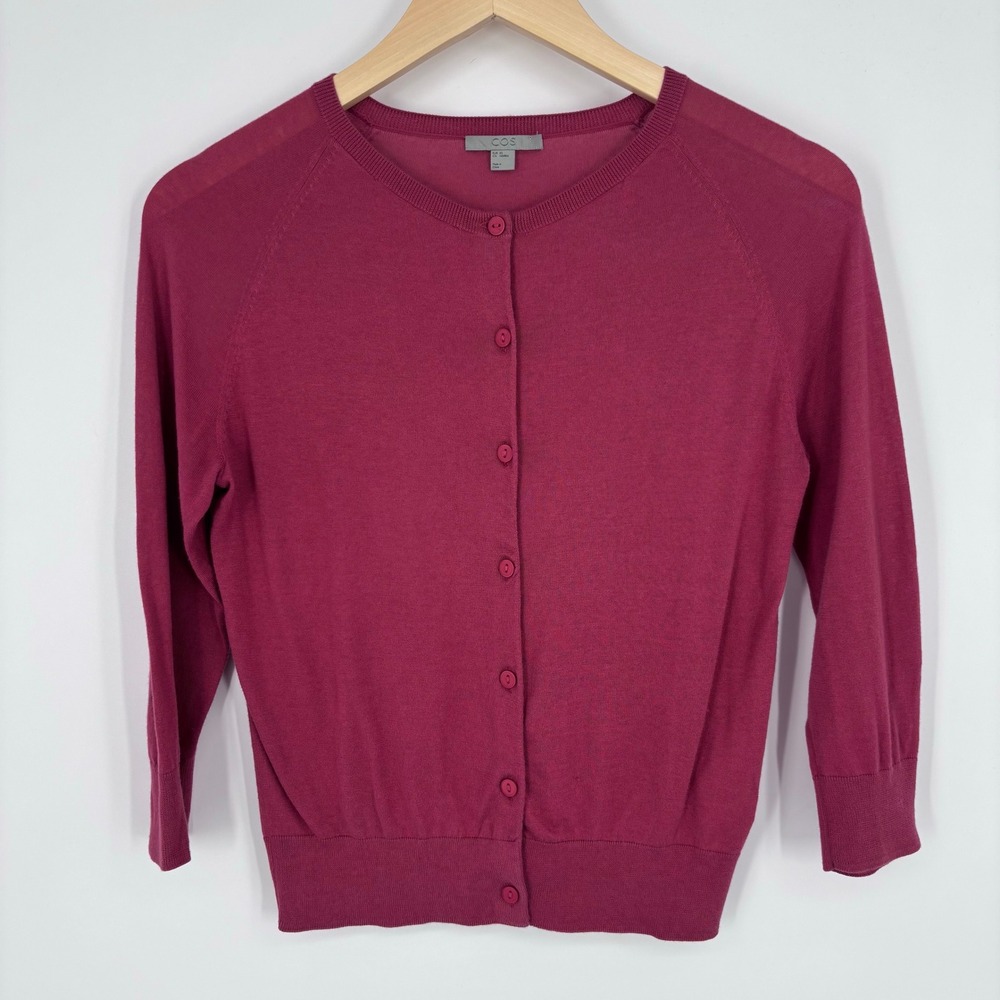 COS Cardigan Sweater Women XS Burgundy Red Cotton Crew Neck Button Up Minimalist